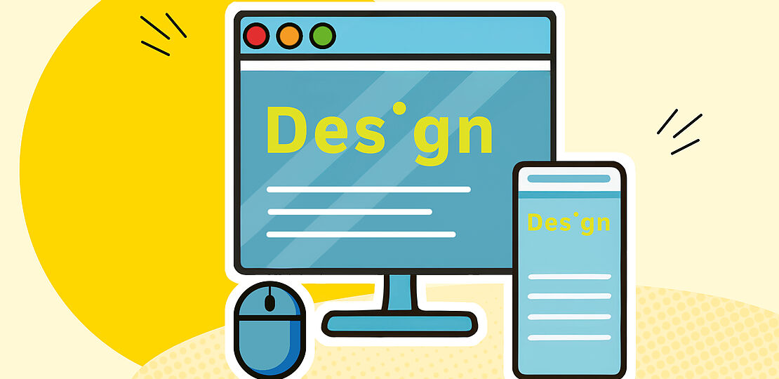 Eine Illustration zum Thema Design mit einem Bildschirm, einem Smartphone und einer Maus und dem Schriftzug Design.